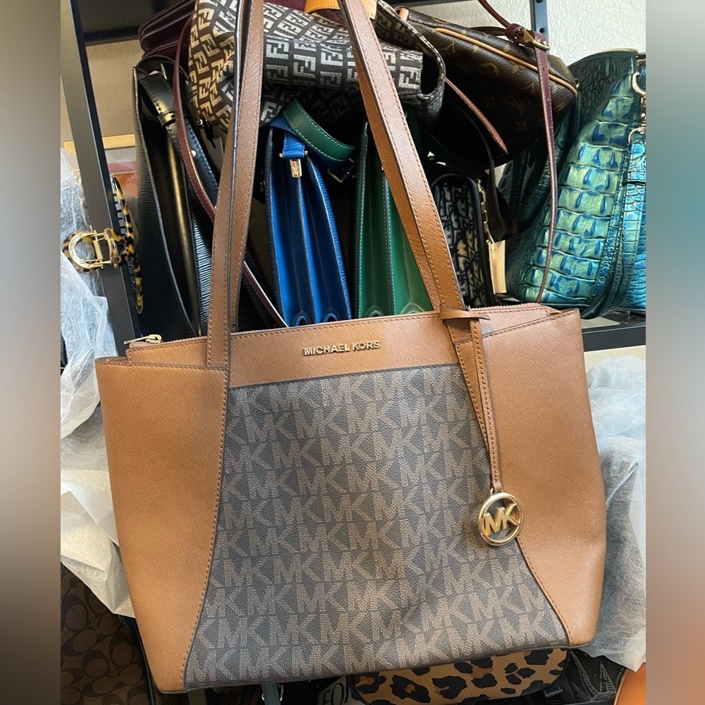 Michael Kors Maddie Medium Logo and Faux Leather Tote Bag